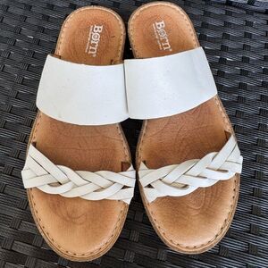 Born Women’s Morena White Leather Slide Sandals Size 7M Cork Sole Braided Strap